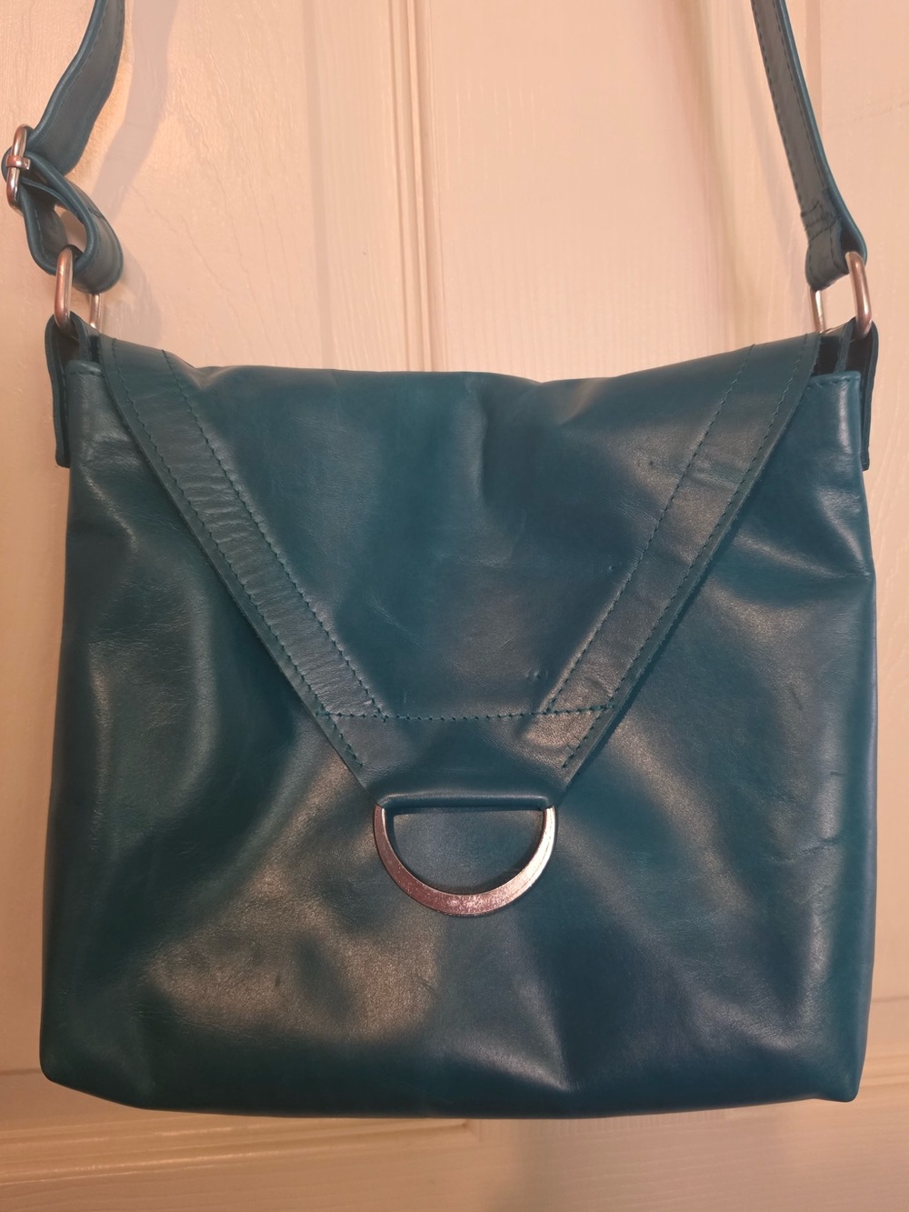 Teal Leather Crossbody Bag with D-Ring Accent